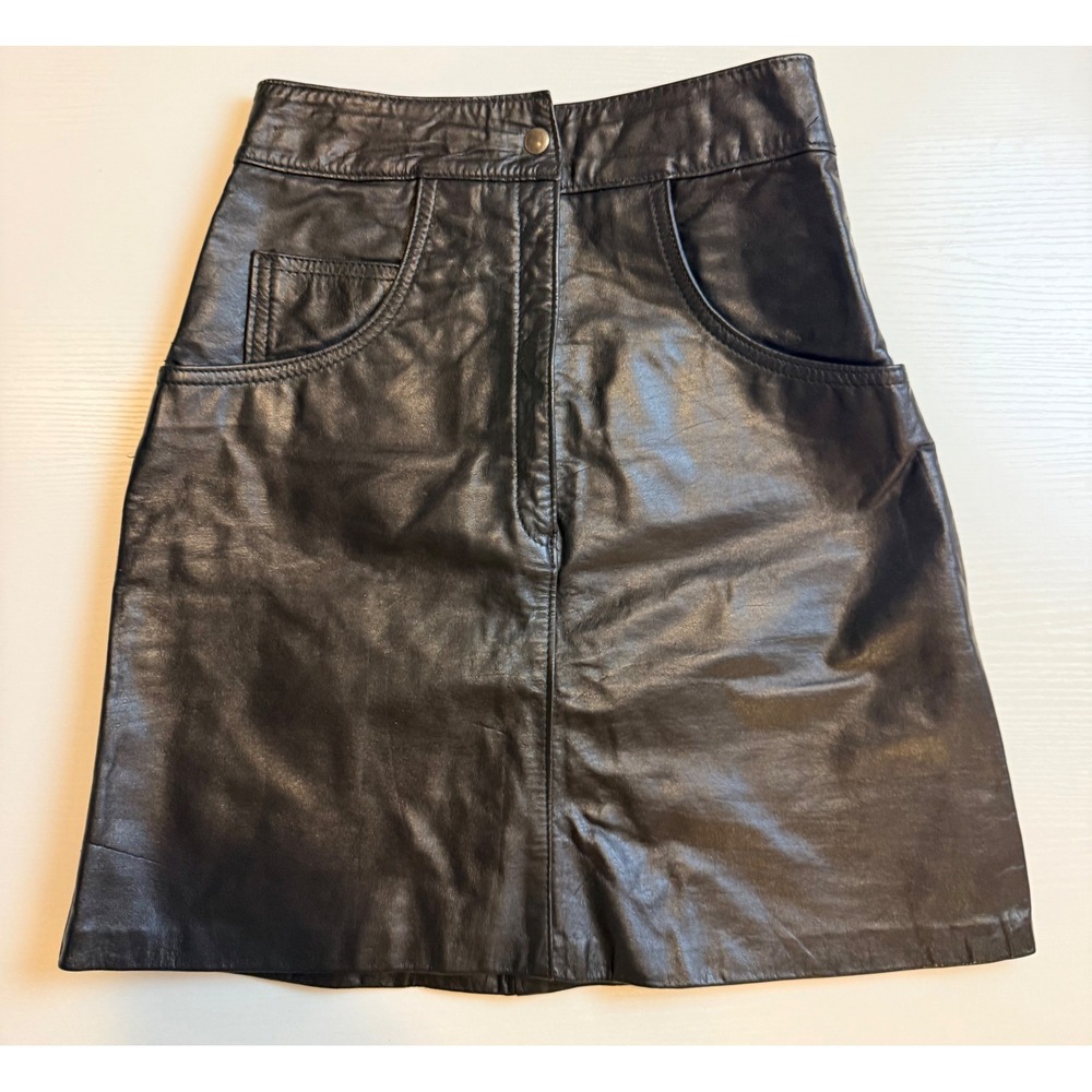 Vintage Black Genuine Leather Mini Skirt High Waisted Made in Argentina 25 Waist
